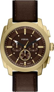 Fossil Machine Chronograph Goldtone Leather Strap Watch, 44mm