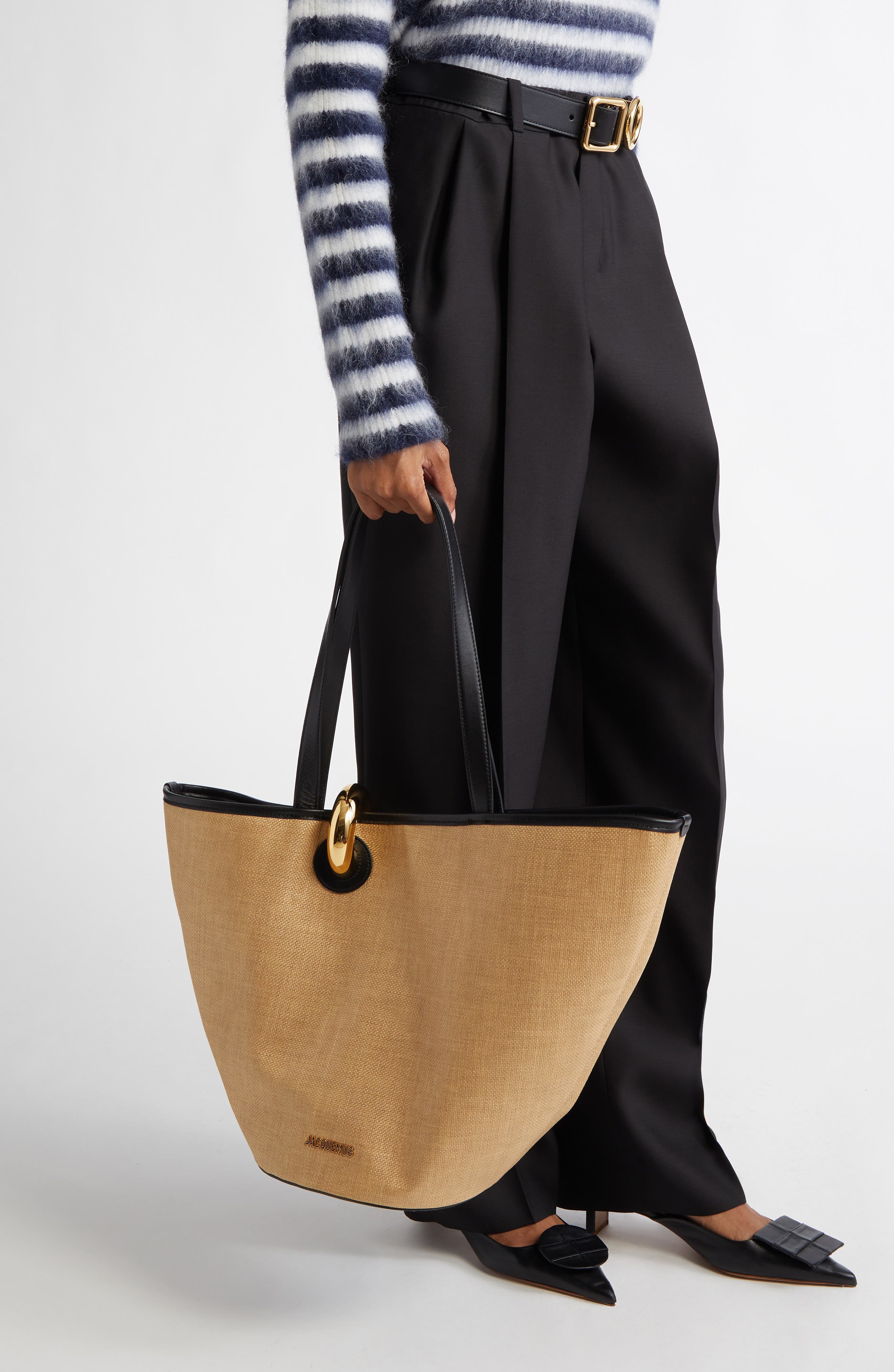 Le Bambola Faux Raffia Tote, Alternate, color, IVORY / BLACK 1FY