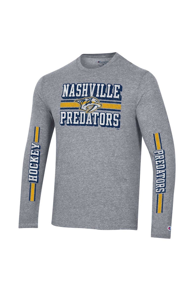 Men's Champion Heather Gray Nashville Predators Tri-Blend Dual-Stripe Long Sleeve T-Shirt, Alternate, color, Heather Gray