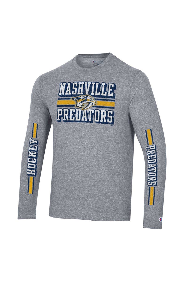 Champion Men's Champion Heather Gray Nashville Predators Tri-Blend Dual-Stripe Long Sleeve T-Shirt, Alternate, color, Heather Gray