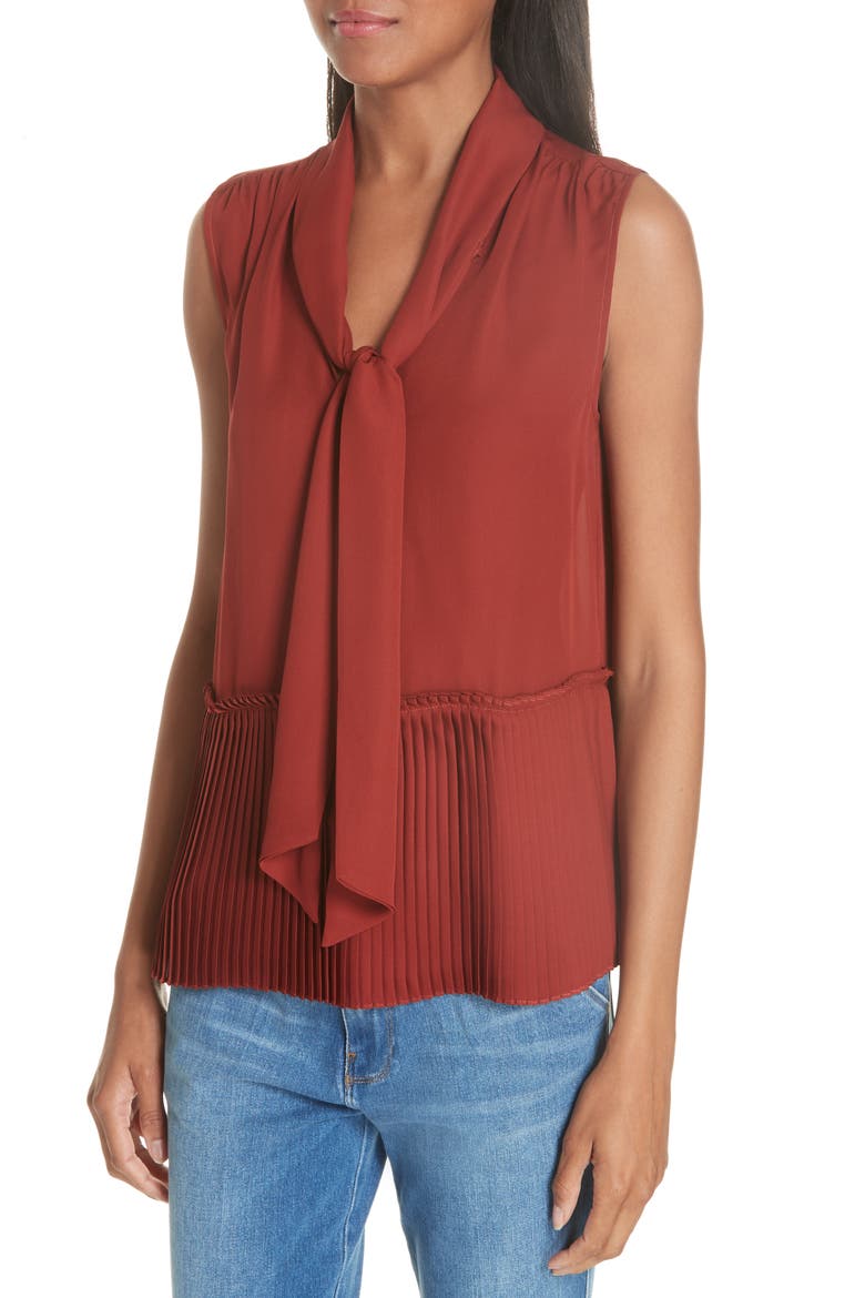 Pleated Peplum Hem Silk Tank, Alternate, color, BURNT HENNA