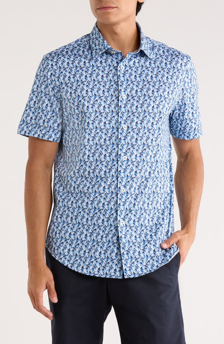 Bugatchi Miles OoohCotton<sup>®</sup> Short Sleeve Button-Up Shirt, Main, color, Air Blue