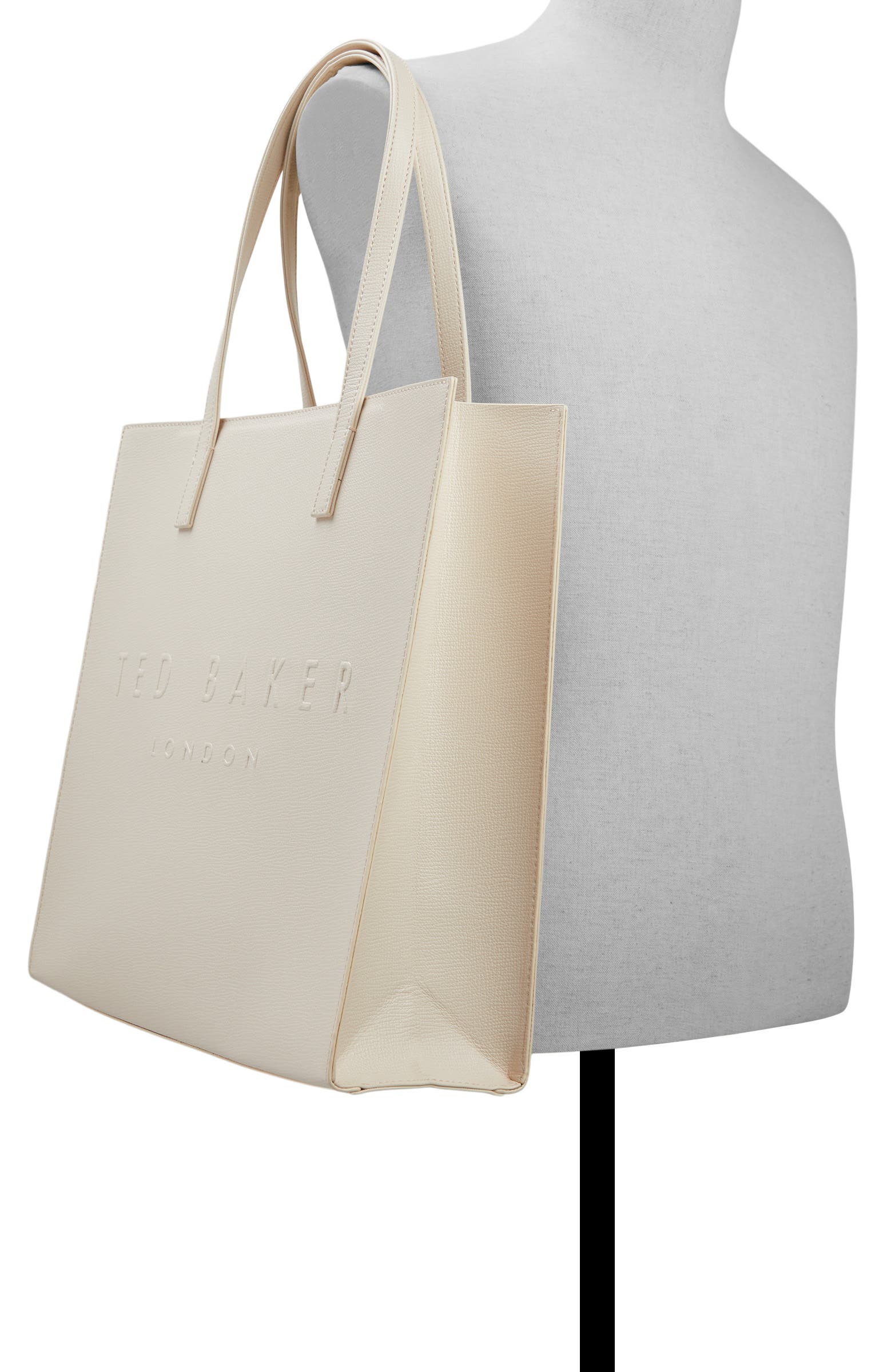 Soocon Debossed Logo Faux Leather Tote, Alternate, color, WHITE