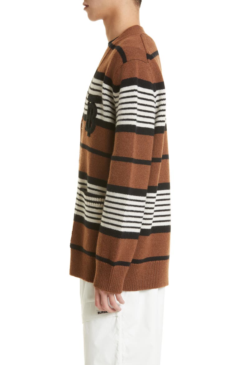 Icon Stripe Monogram Logo Patch Wool & Cashmere Cardigan, Alternate, color, DARK BIRCH BROWN