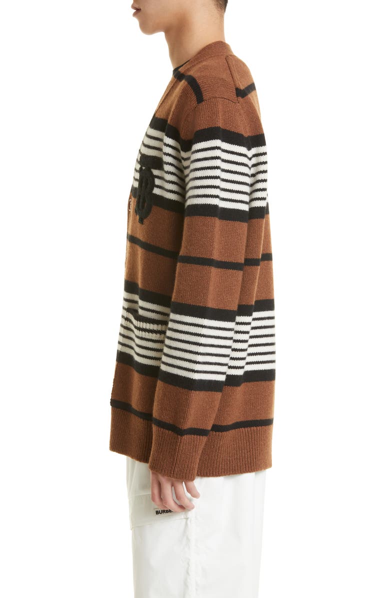Burberry Icon Stripe Monogram Logo Patch Wool & Cashmere Cardigan, Alternate, color, 
