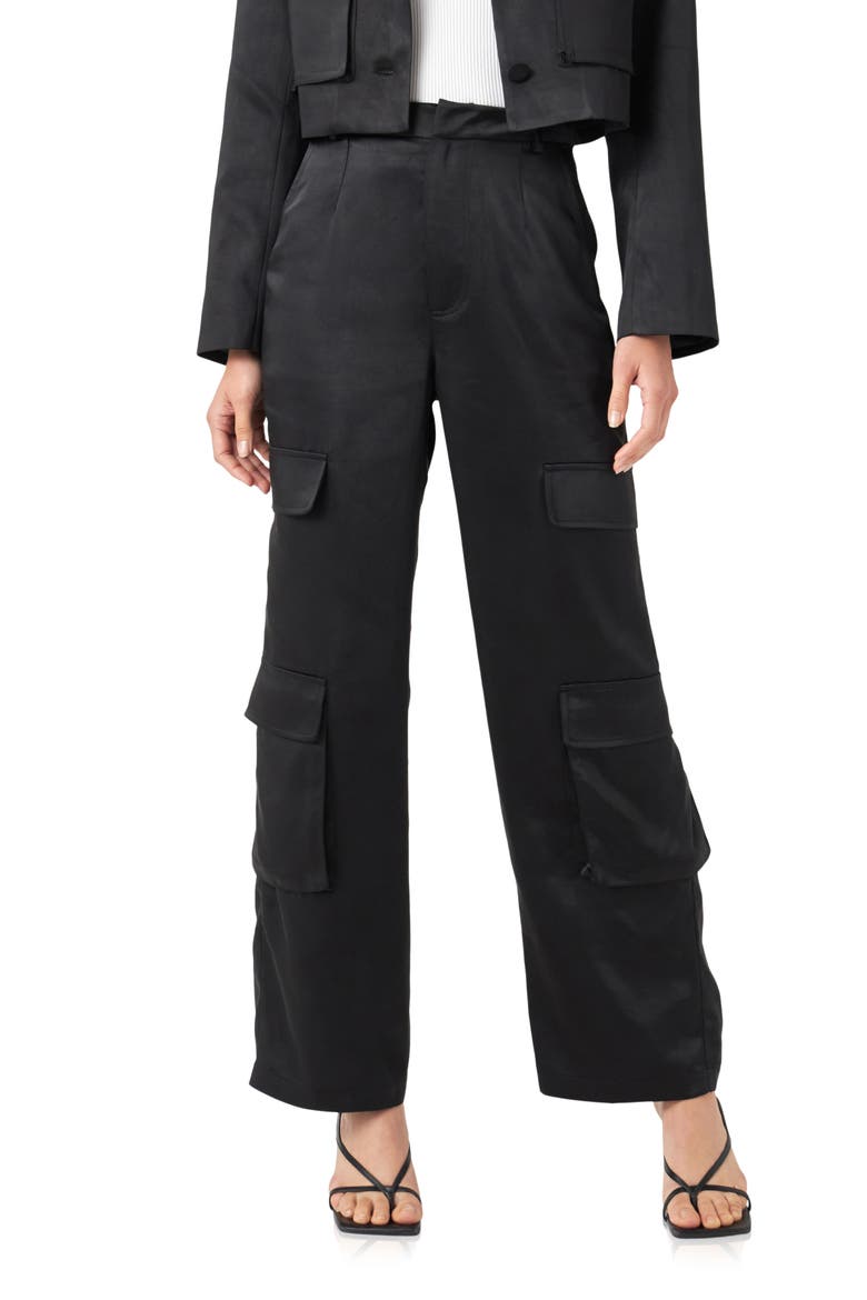 Satin Cargo Pants, Main, color, BLACK