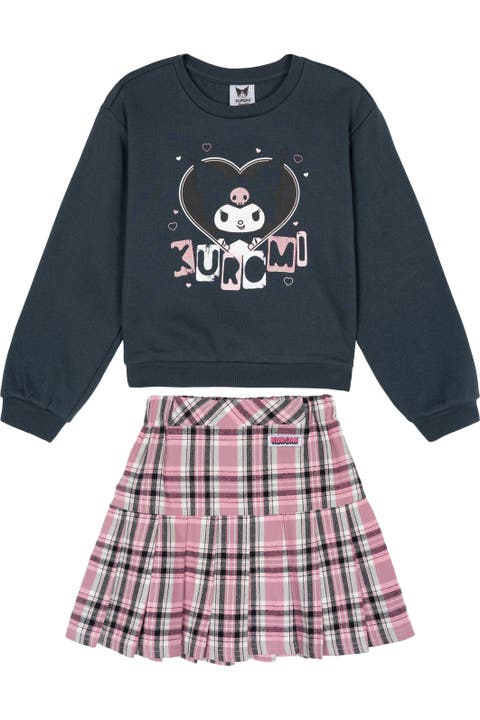 Fleece Sweatshirt and Plaid Pleated Skirt Set