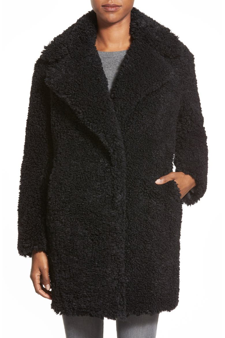 'Teddy Bear' Notch Collar Reversible Faux Fur Coat, Main, color, BLACK