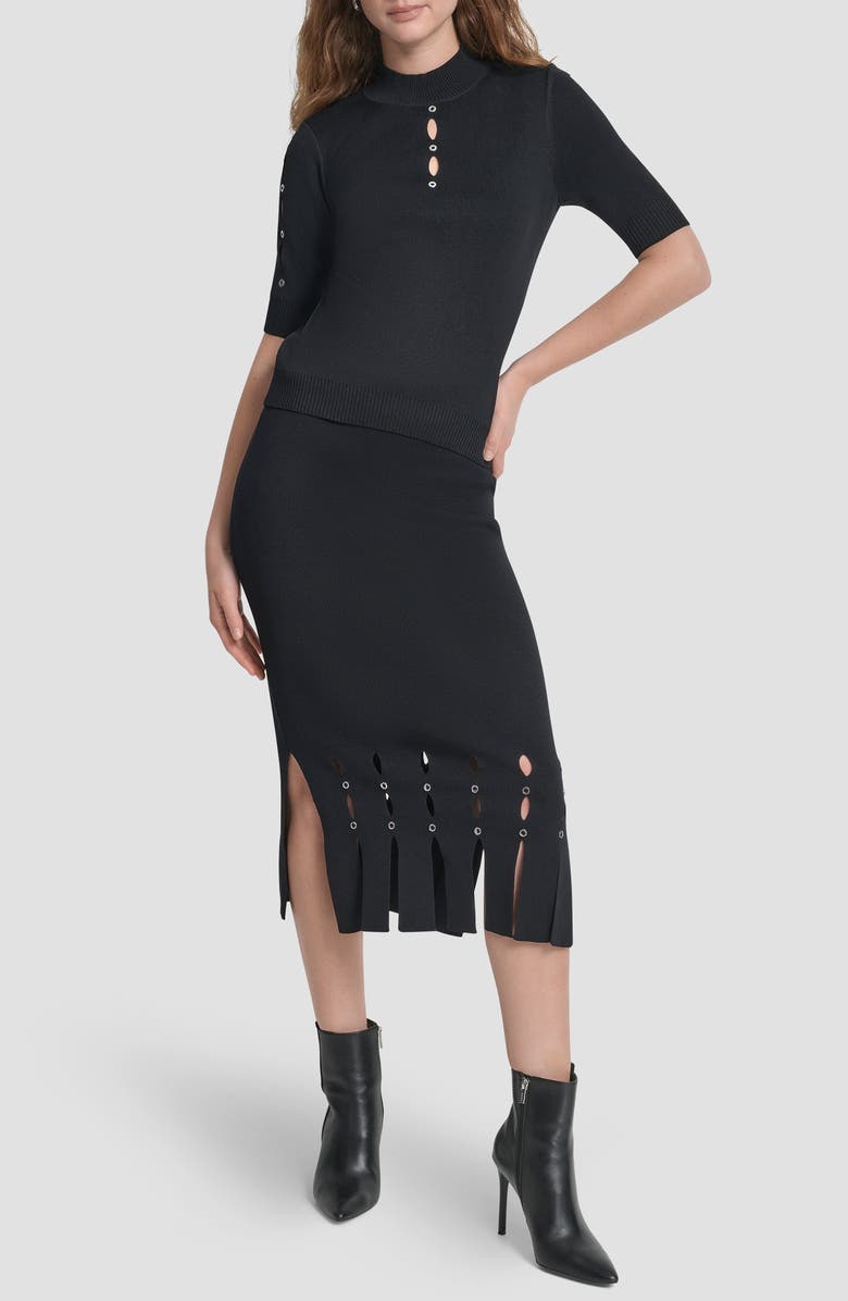 DKNY Cutout Grommet Mock Neck Sweater, Alternate, color, Black