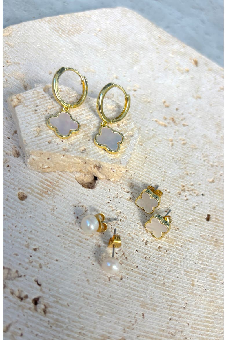 14K Gold Plated Freshwater Pearl & Mother-of-Pearl Stud & Clover Drop Earrings, Alternate, color, GOLD/ WHITE