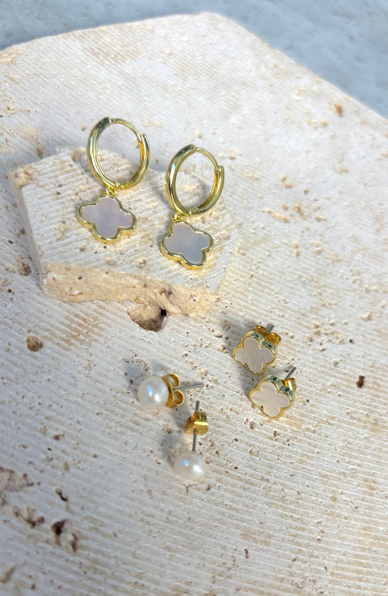 Adornia 14K Gold Plated Freshwater Pearl & Mother-of-Pearl Stud & Clover Drop Earrings, Alternate, color, Gold/ White