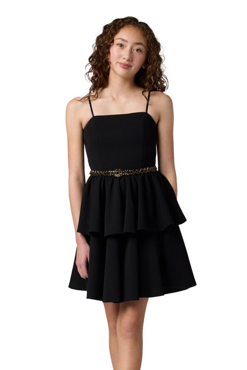 Un Deux Trois Girl's Tiered Dress W/ Embellished Belt In Black
