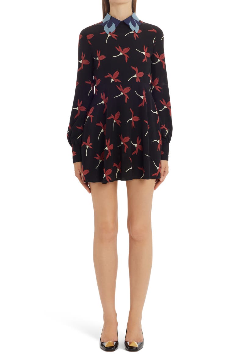 Fairy Flowers Print Long Sleeve Silk Minidress, Main, color, NERO MULTICOLOR K92