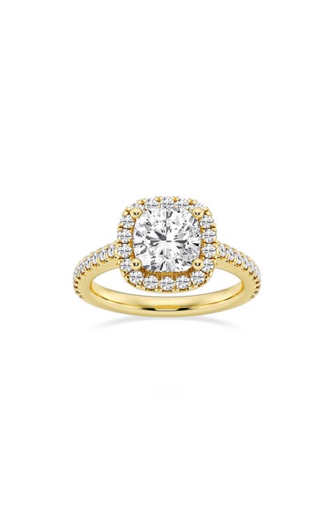 14K Gold Cushion Cut Lab Created Diamond Halo Ring - 2.50ct.