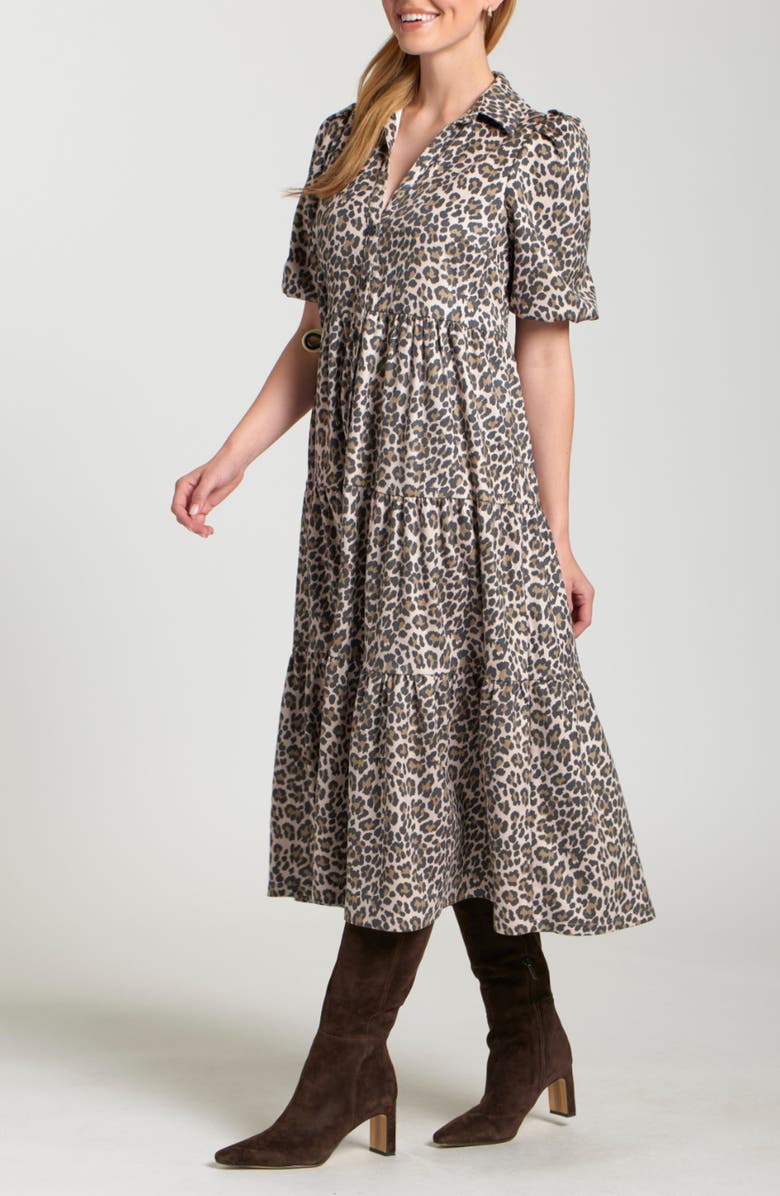 APNY Leopard Print Faux Suede Tiered Shirtdress, Alternate, color, 