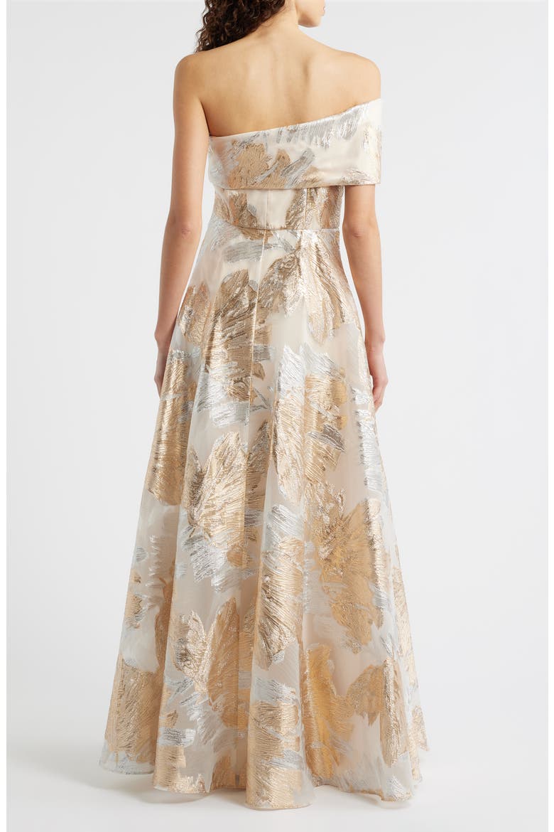 One-Shoulder Metallic Jacquard Gown, Alternate, color, CHAMPAGNE