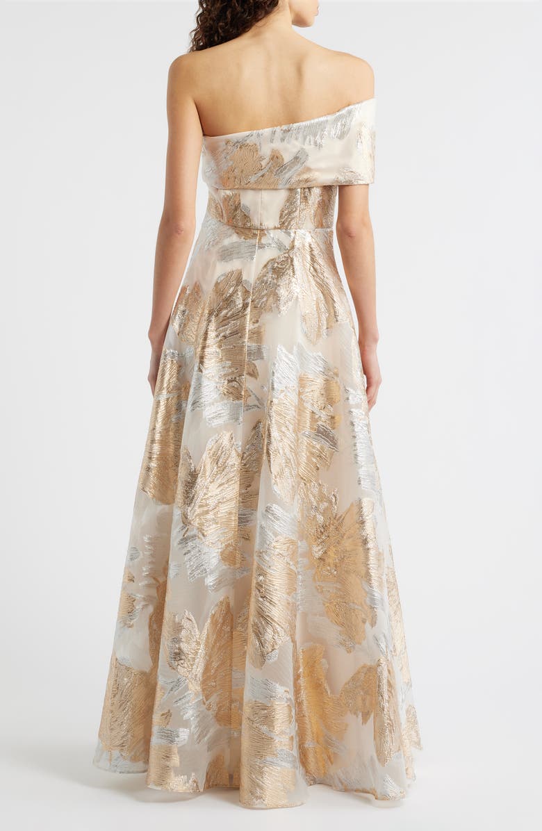Eliza J One-Shoulder Metallic Jacquard Gown, Alternate, color, Champagne