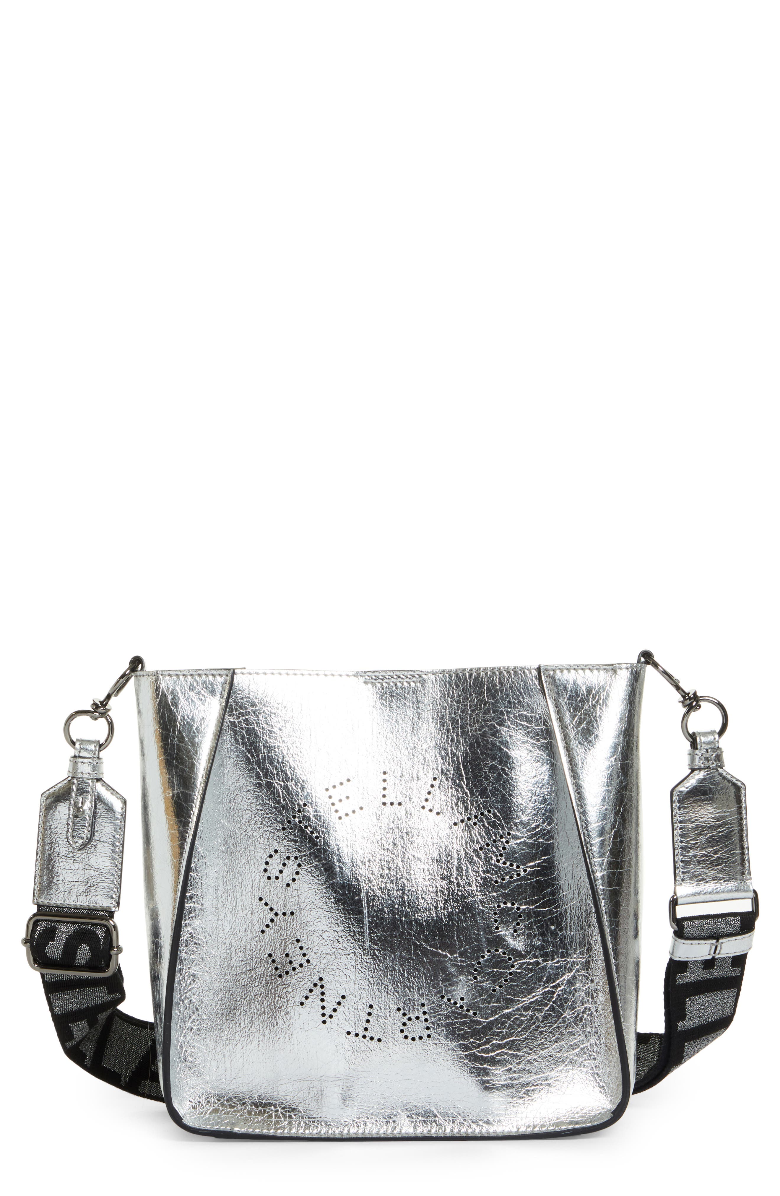 Stella McCartney Mini Perforated Logo Metallic Faux Leather Crossbody Bag, Main, color, 