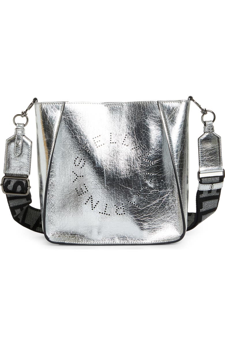 Stella McCartney Mini Perforated Logo Metallic Faux Leather Crossbody Bag, Main, color,