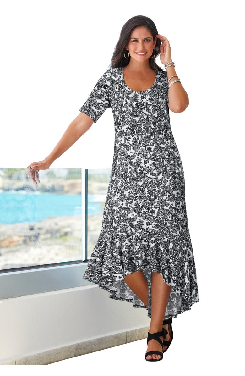 Jessica London Stretch Knit Flounce Hem Maxi Dress, Main, color, Black White Lace