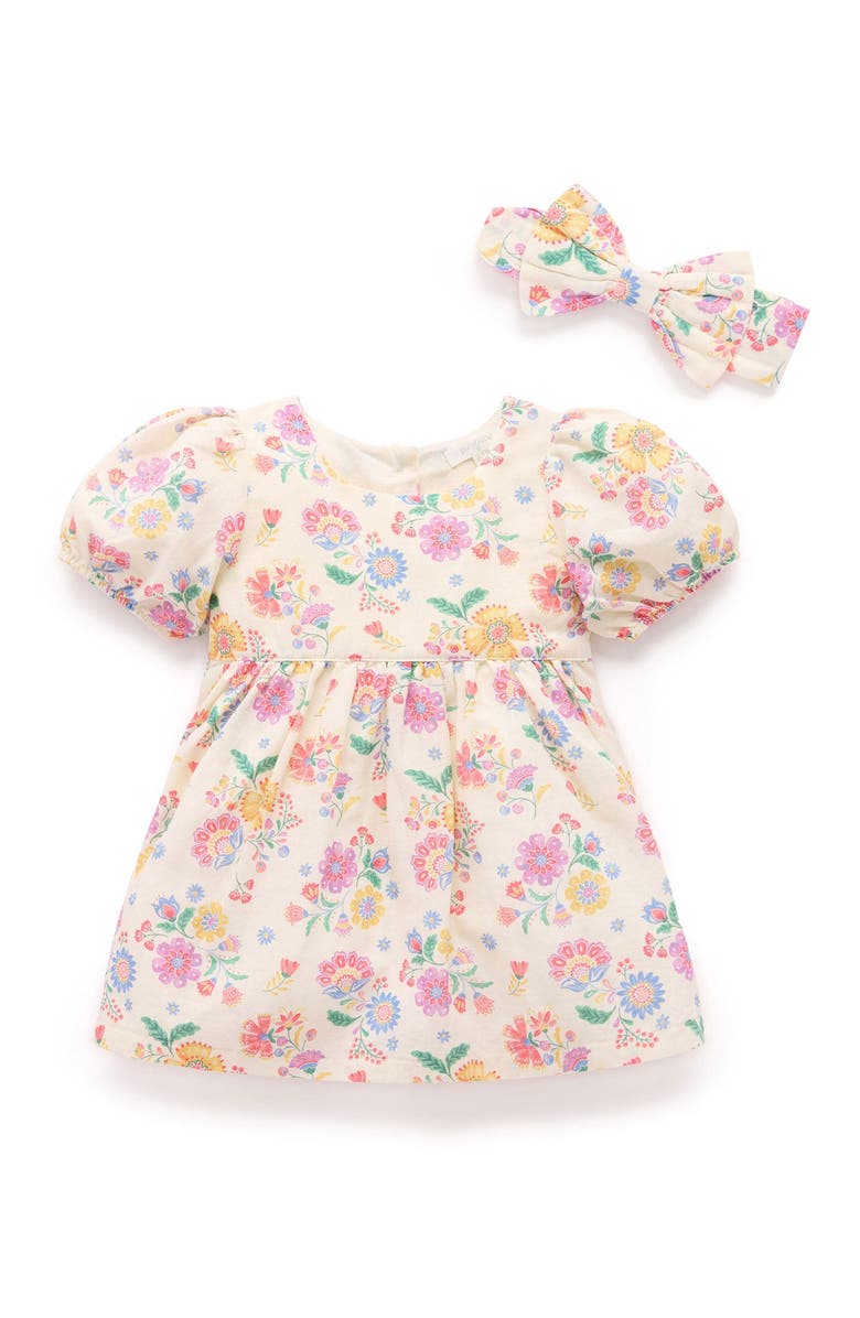 Purebaby Linen Blend Dress and Headband Set, Main, color, Mexican Floral