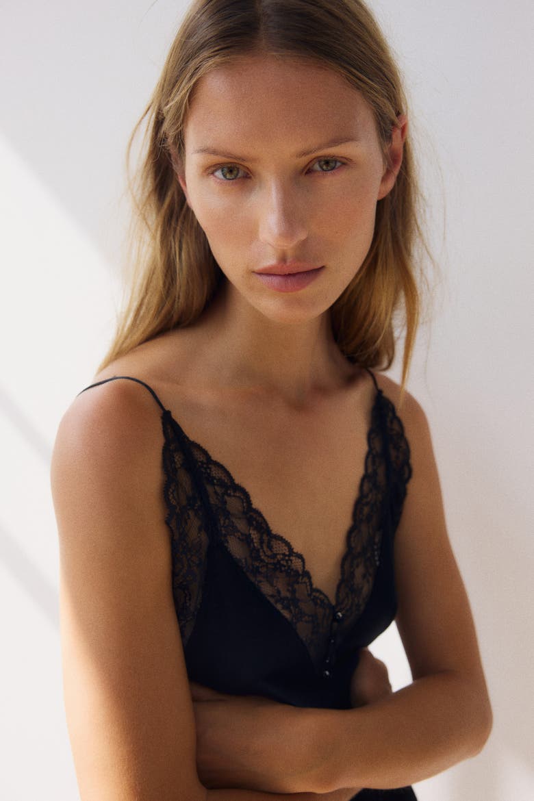 Lace-trimmed Viscose-blend Nightgown, Alternate, color, Black