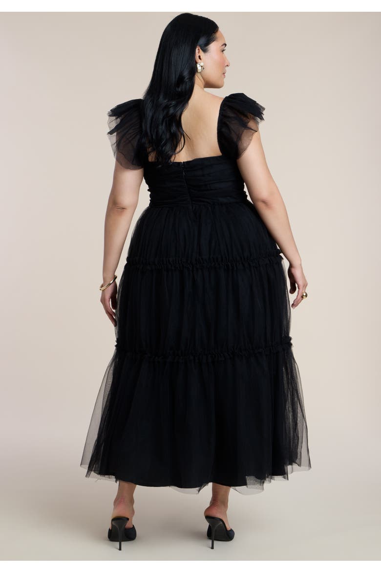 Flutter Sleeve Tulle Midi Dress, Alternate, color, BLACK ONYX