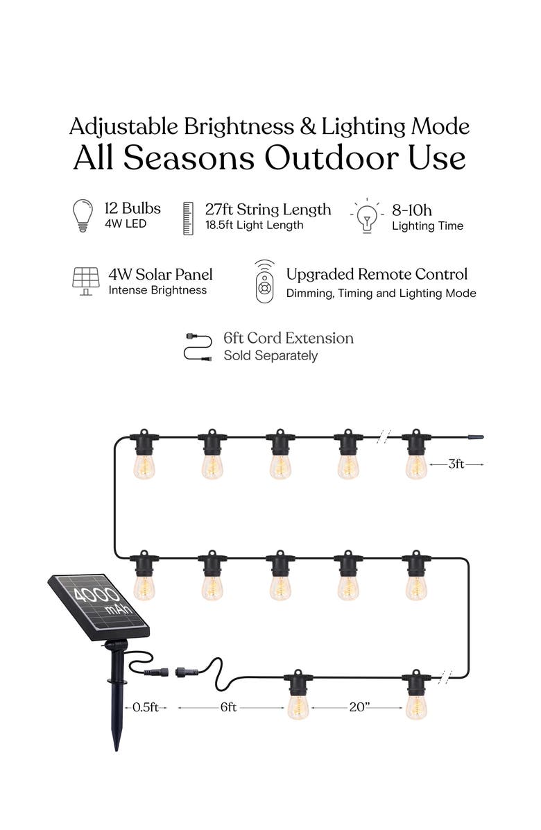 Brightech 27 ft or 48 ft, Solar‑Powered Heavy Duty LED Outdoor String Lights, Weatherproof Spiral Filament Edison Bulbs, Alternate, color, 27 Ft 12 Bulbs | Soft White