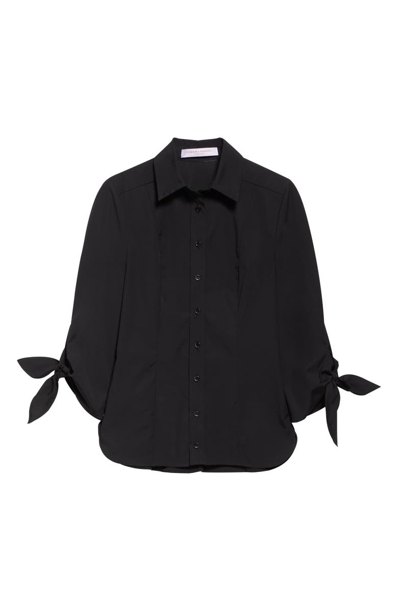 Carolina Herrera Tie Cuff Cotton Blend Button-Up Shirt, Alternate, color, Black