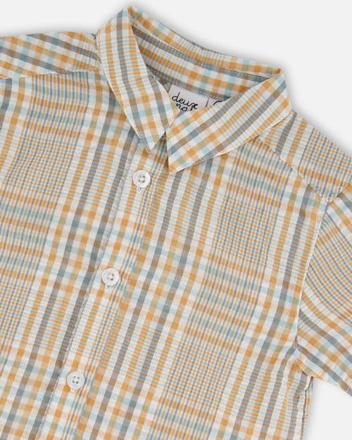 Deux Par Deux Boy's Short Sleeve Button Down Shirt Beige And Sage Plaid In Beige And Sage Plaid