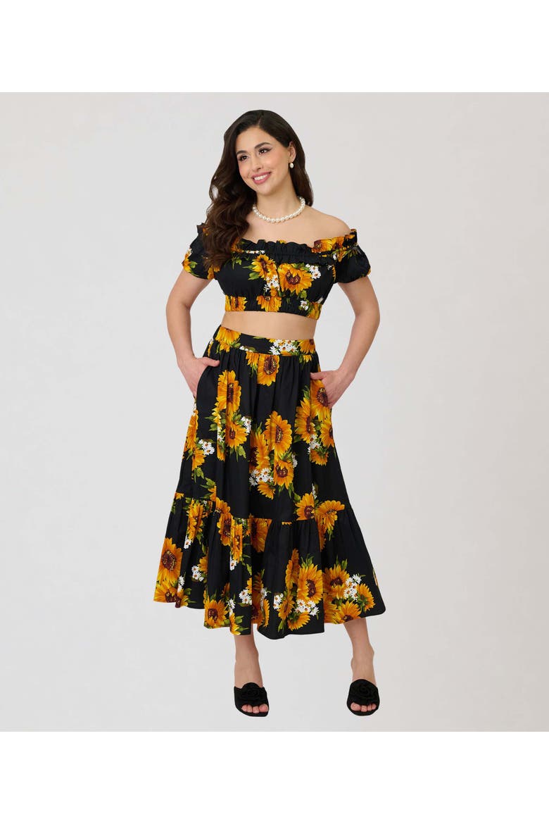 1950s Tiered Midi Skirt, Main, color, Black Sunflower Print