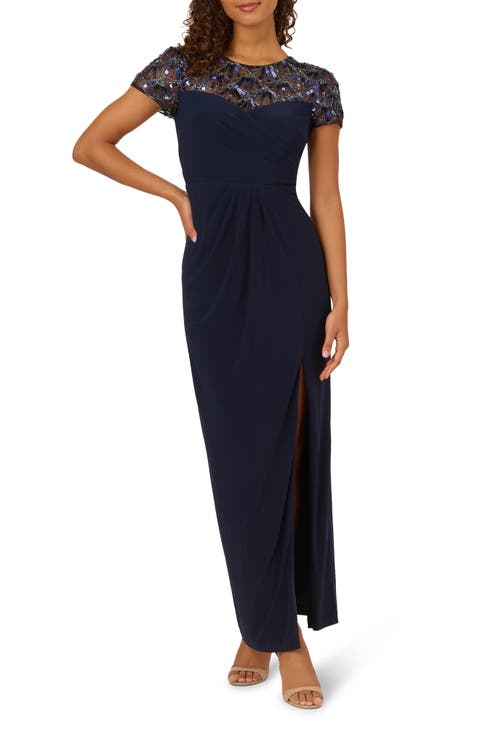 Sequin & Bead Yoke Jersey Column Gown