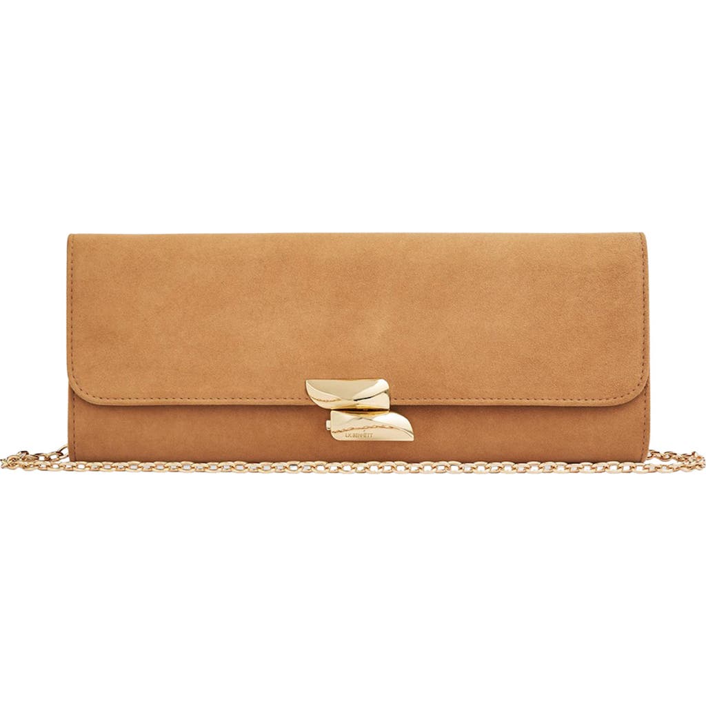 Lk Bennett Aria Curve Flap Suede Clutch In Trench
