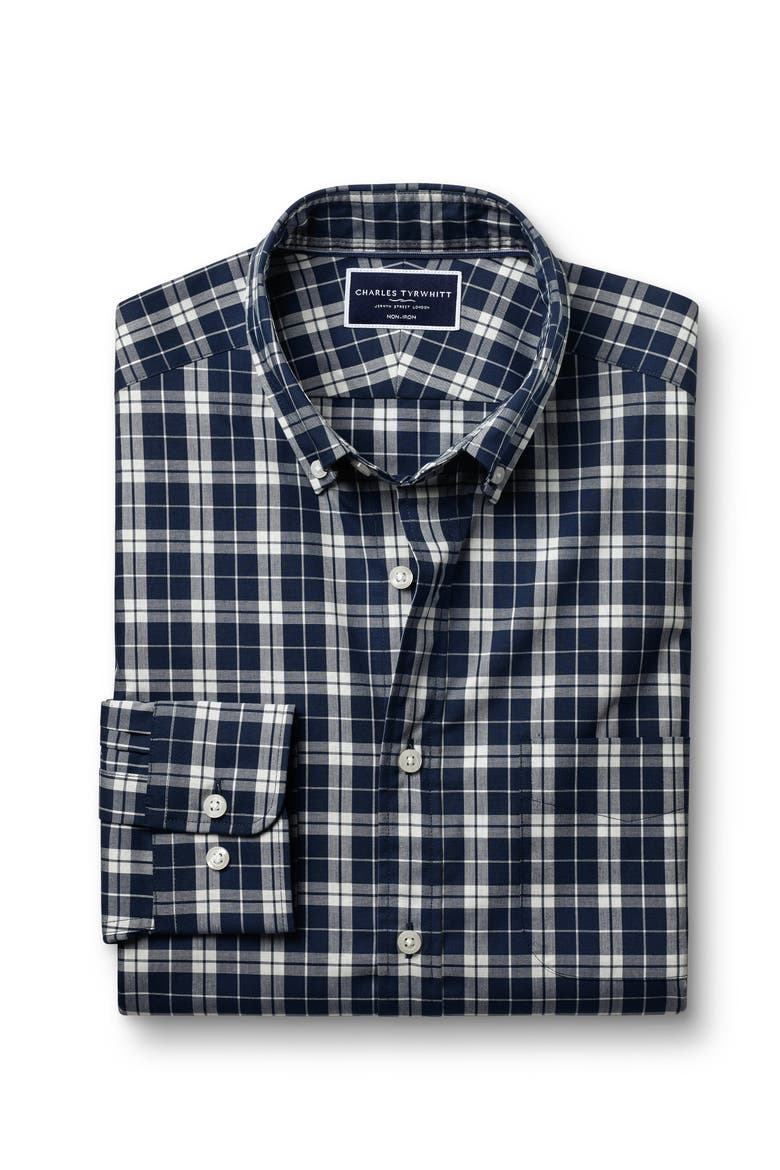 Slim Fit Button-Down Collar Non-Iron Stretch Poplin Check Shirt, Alternate, color, Blue
