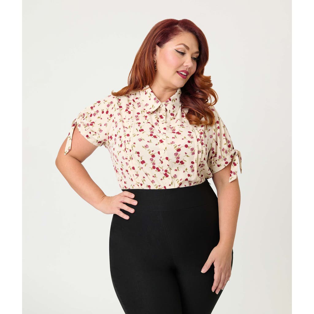 Unique Vintage Plus Size 1950s Tie Cuff Blouse In Neutral