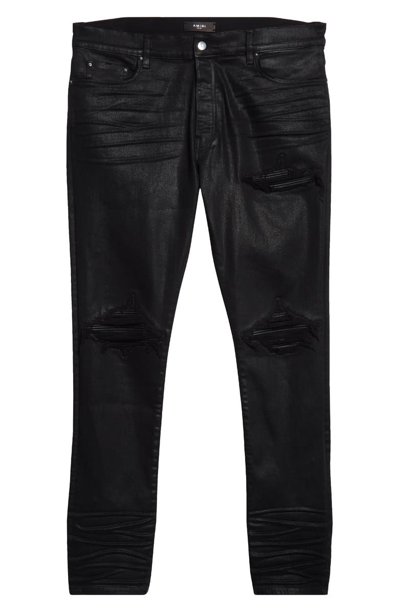 AMIRI MX1 Leather Patched Distressed Waxed Jeans, Alternate, color, Black