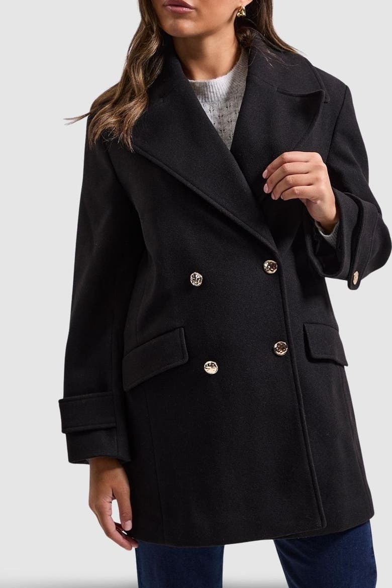 Mid Length Double Breasted Coat, Alternate, color, Black