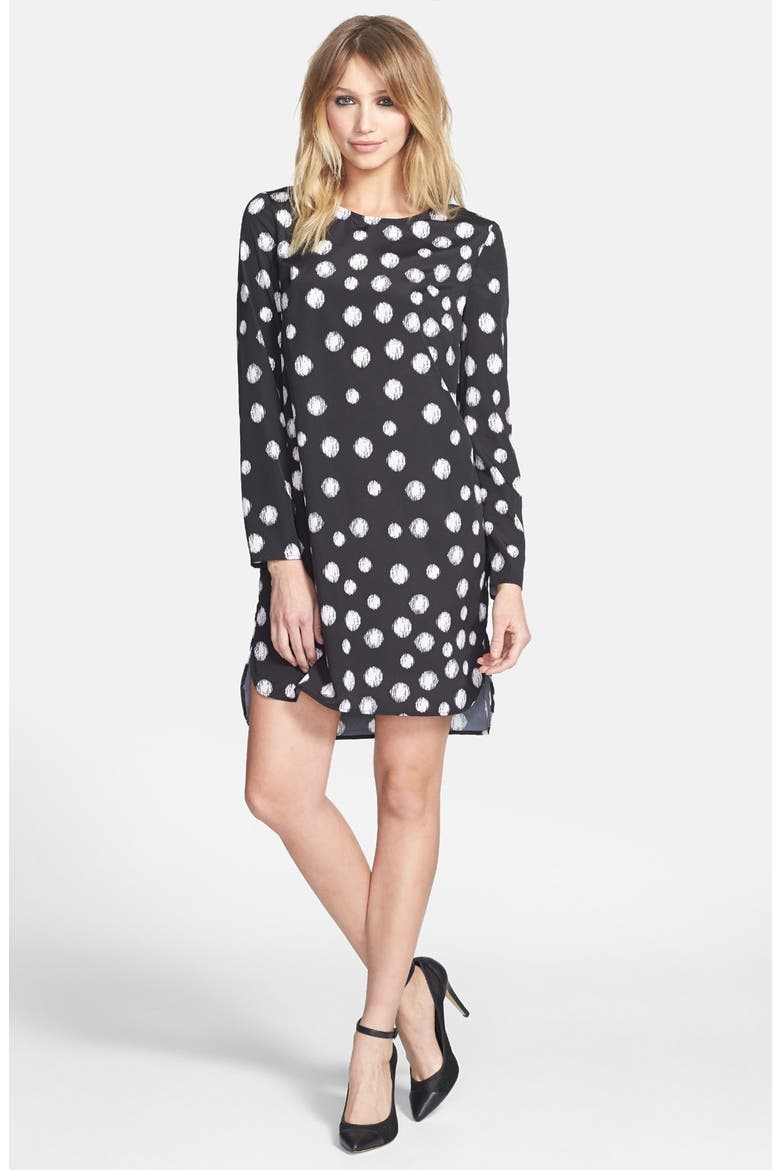 Long Sleeve Crepe Shift Dress, Main, color, BLACK/ CREAM POLKA DOT