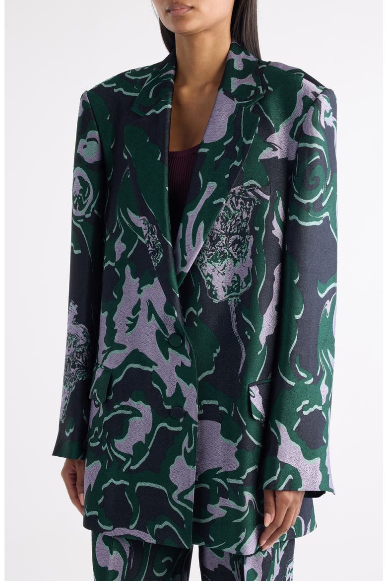 Bastis Abstract Floral Jacquard Single Breasted Crepe Blazer, Alternate, color, DARK GREEN