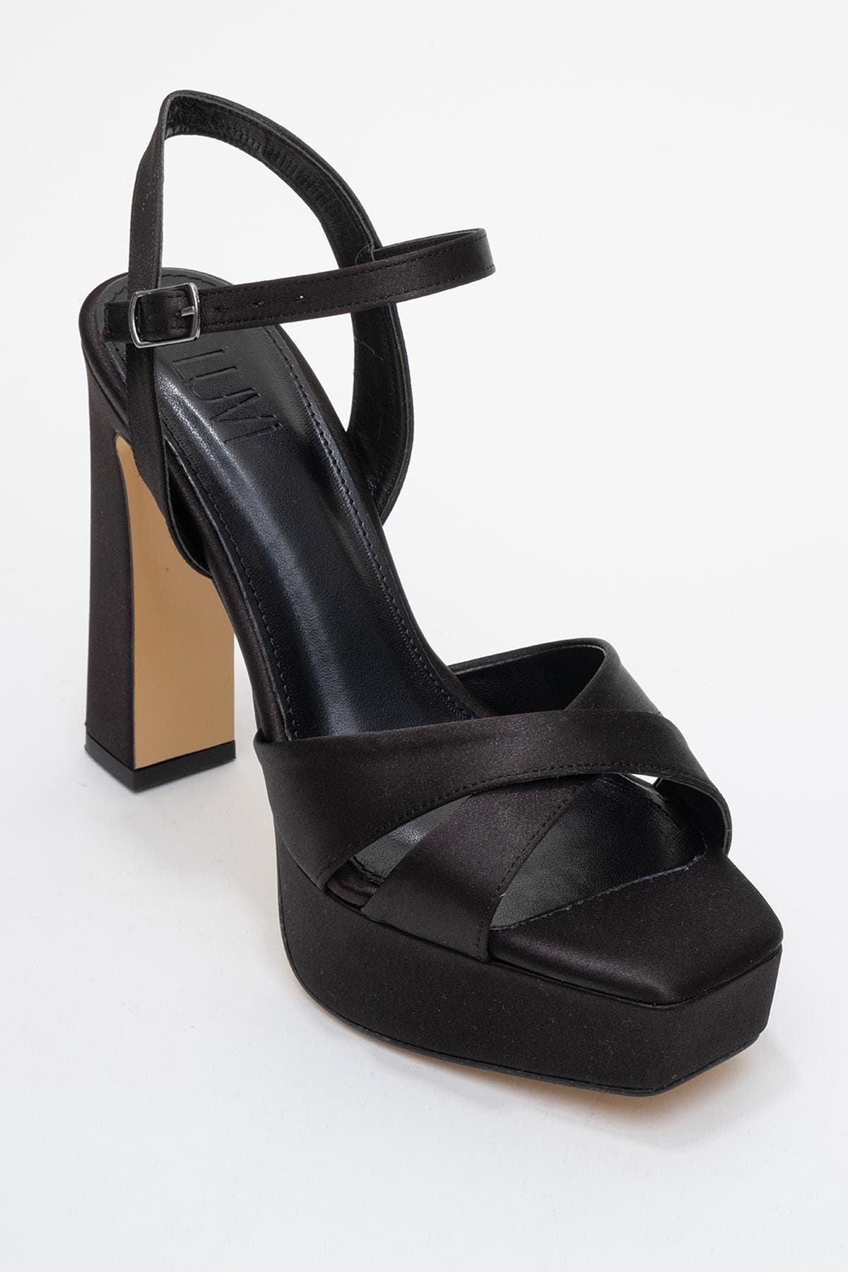 Prologue Shoes Yulia Cross-Strap Platform Heel Sandal, Main, color, Black Satin