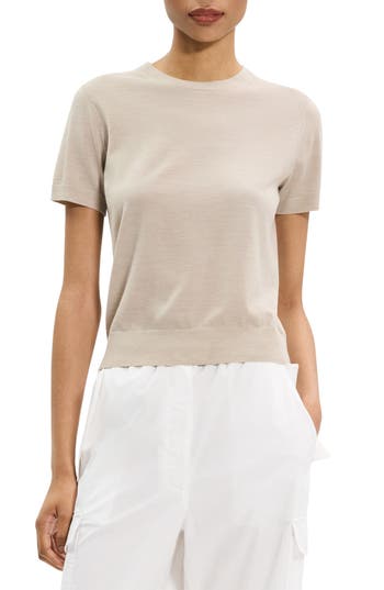 Theory Regal Short Sleeve Wool Sweater In Sand