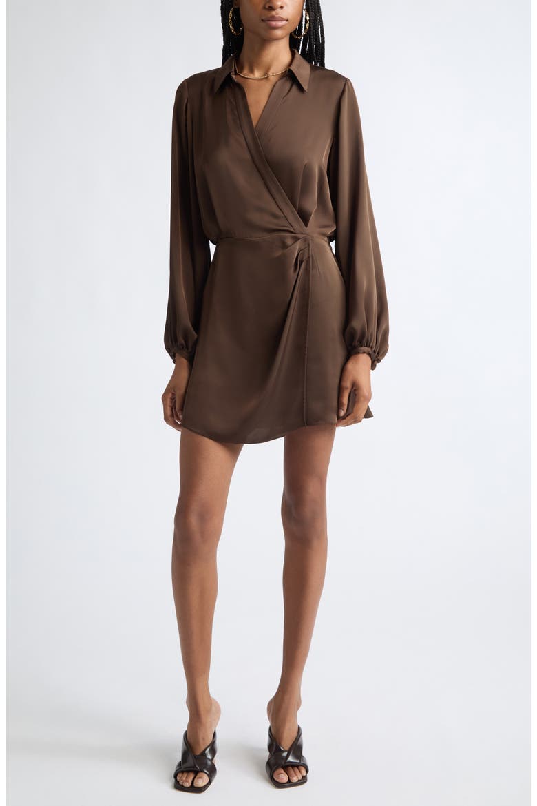 Carolyn Wrap Front Long Sleeve Satin Dress, Main, color, HERITAGE BROWN