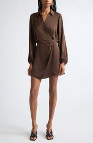 Ramy Brook Carolyn Wrap Front Long Sleeve Satin Dress