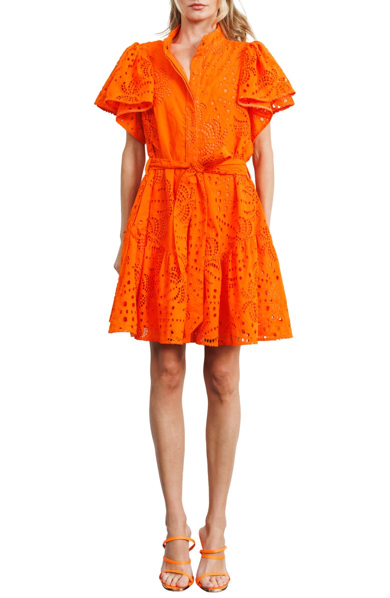 CIEBON Zenaida Eyelet Tie Waist Dress, Main, color, Orange