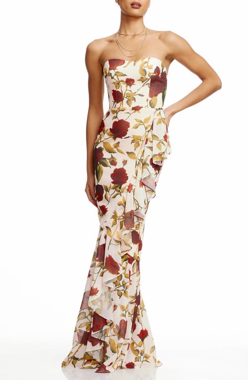 Dress The Population Paris Floral Ruffle Strapless Gown In Cream Multi