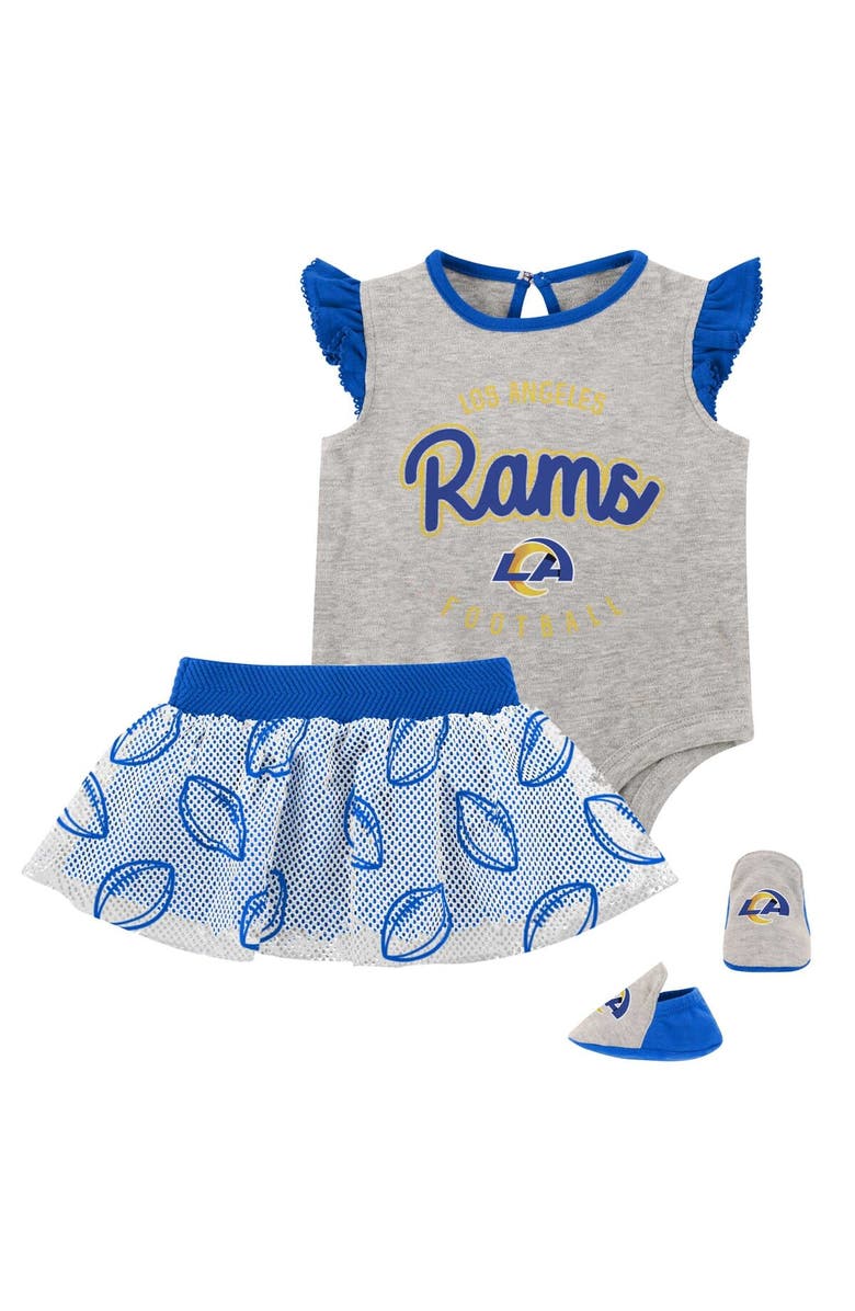 Outerstuff Girls Infant Heather Gray/Royal Los Angeles Rams All Dolled Up Three-Piece Bodysuit, Skirt & Booties Set, Main, color, Heather Gray