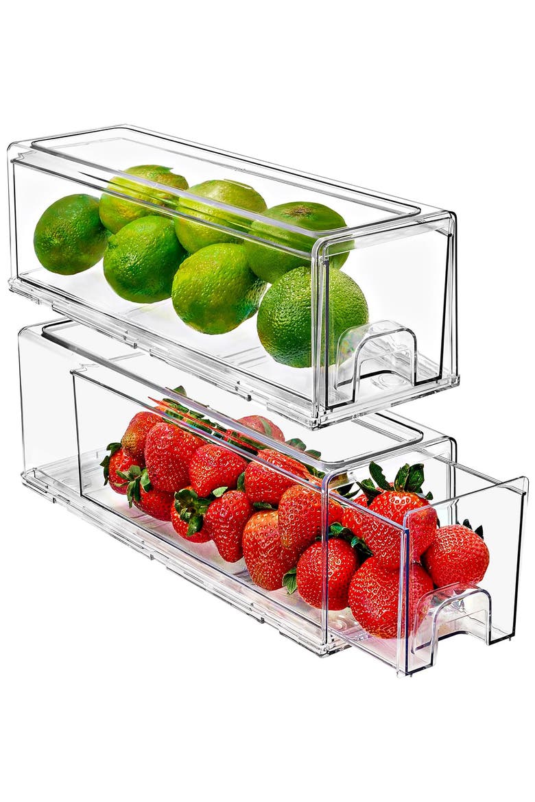 Set of 2 Stackable Fridge Storage Drawers, Main, color, CLEAR