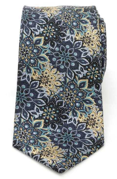 Kaleido Floral Navy Tan Silk Tie