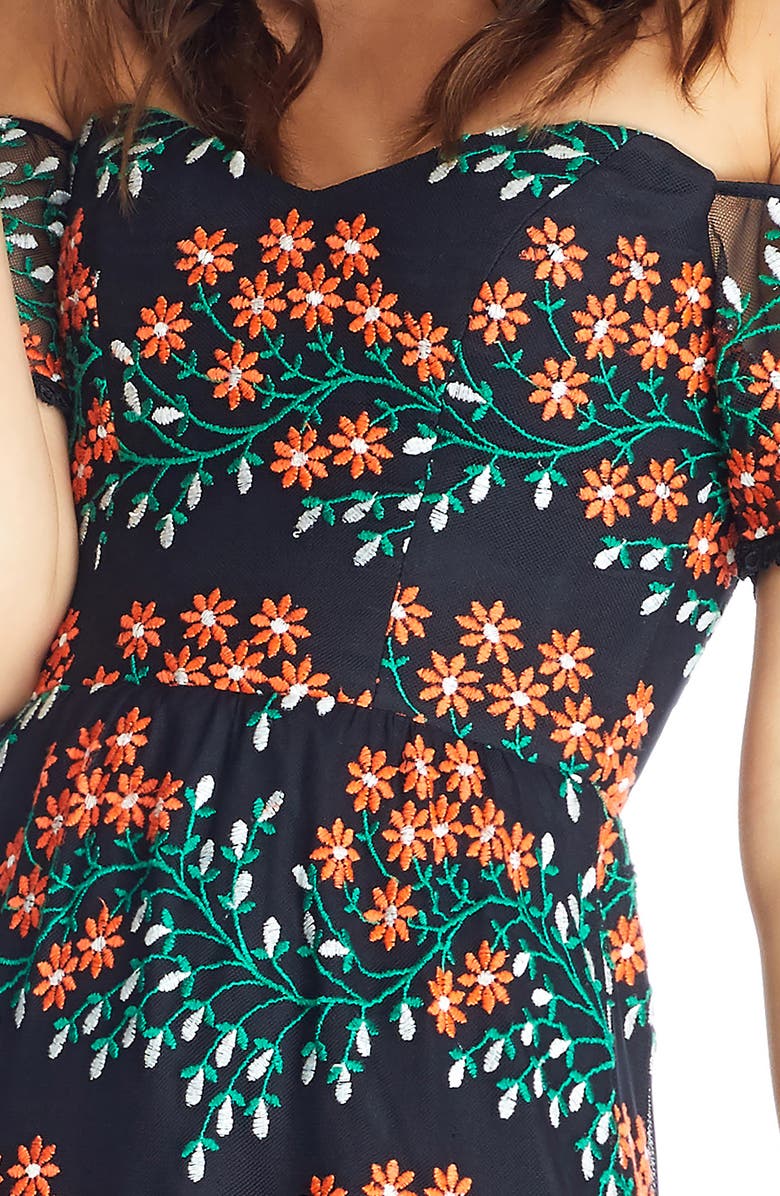 Dress the Population River Embroidered Off the Shoulder Midi Dress, Alternate, color,