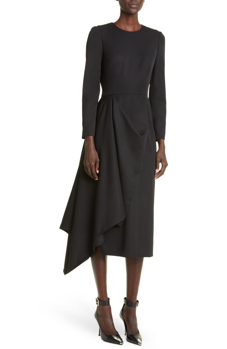 McQueen Drape Detail Long Sleeve Wool Midi Dress, Alternate, color, 